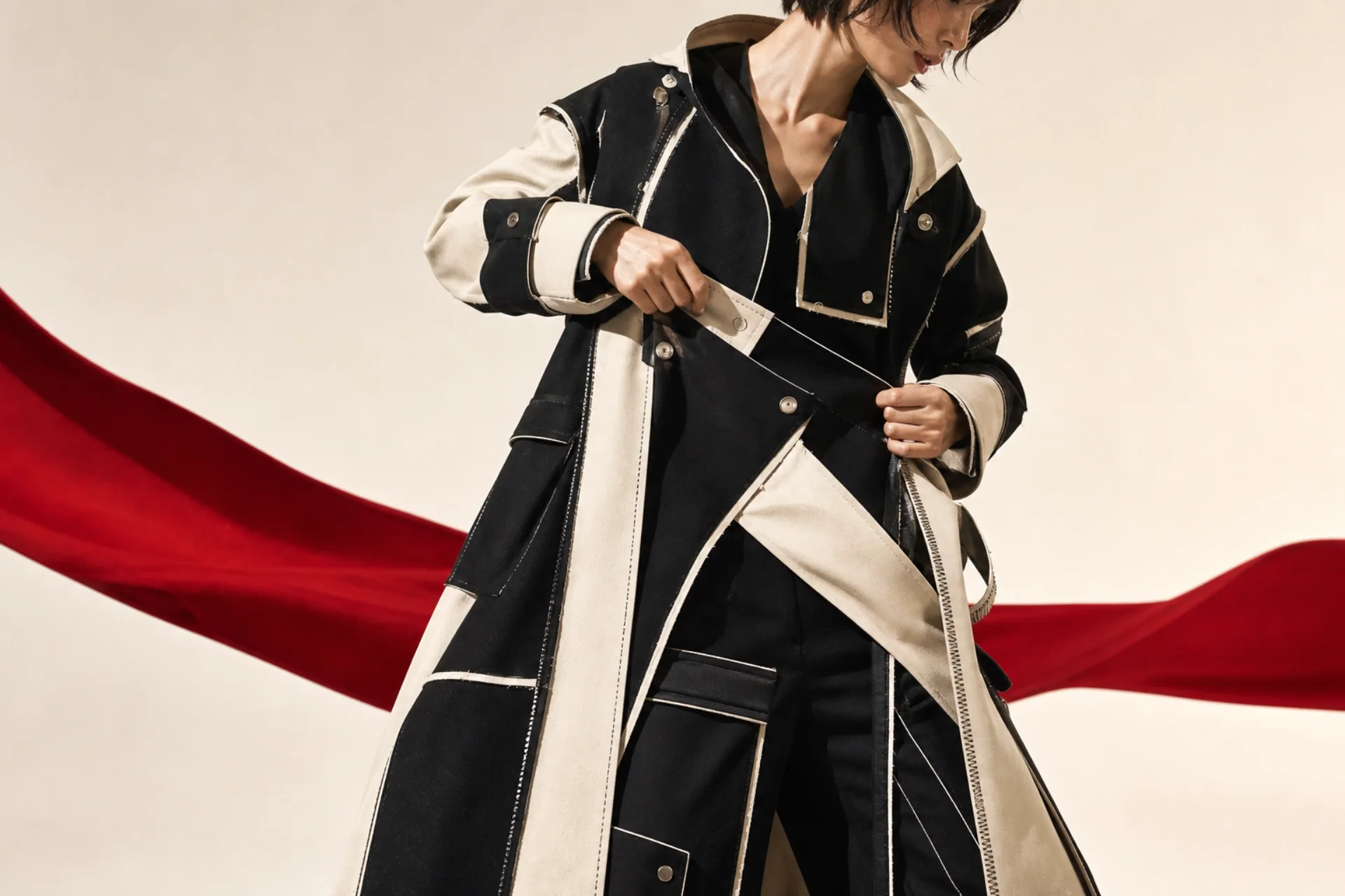 Close view of black and ivory garment construction